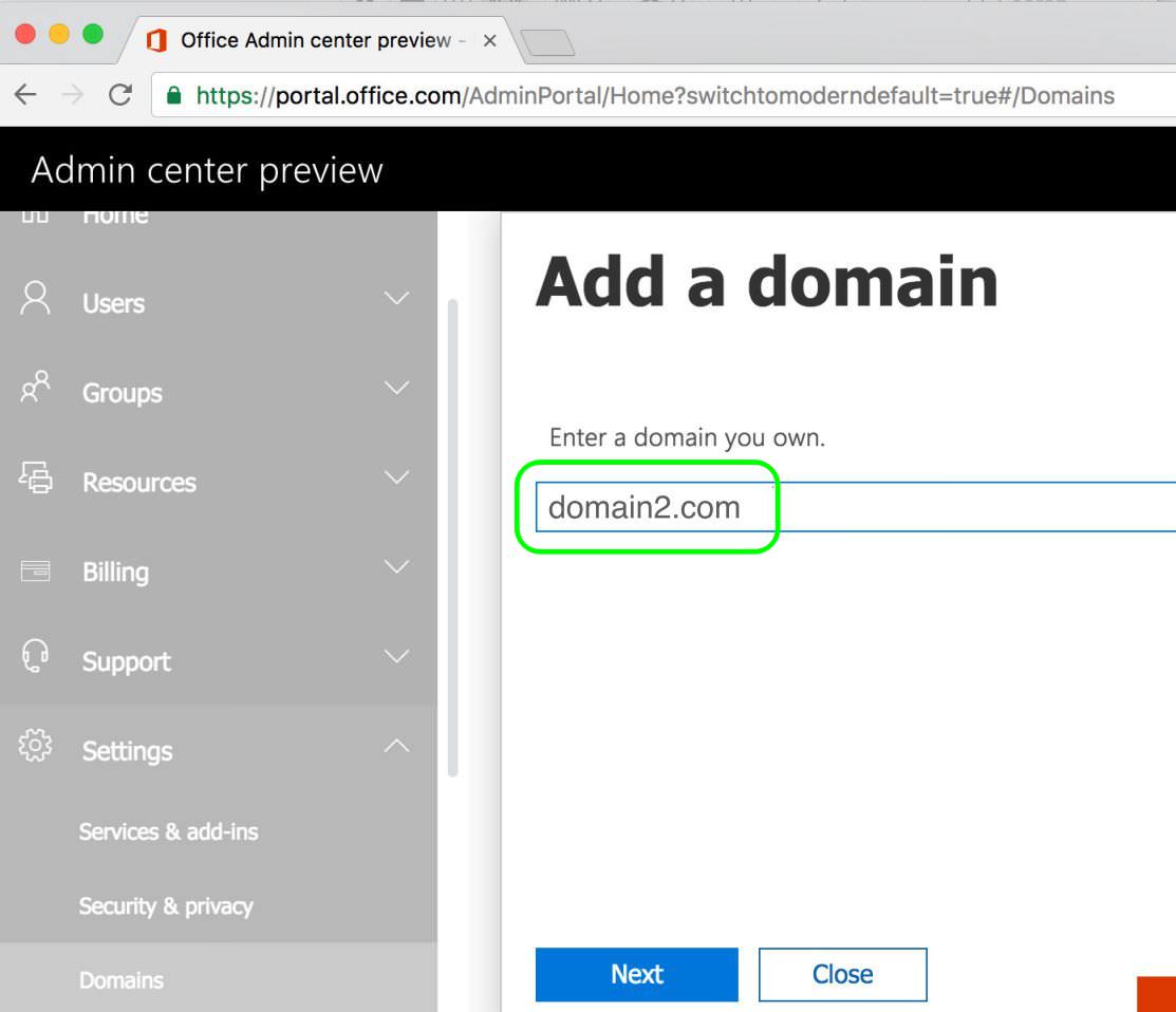 2.4 Type your new Office 365 additional domain and click Next